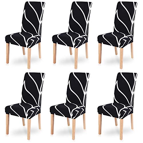 FUMEI Fundas de Sillas de Comedor, Elasticas y Lavables para Proteger Silla Modern Bouquet de la Boda, Hotel, Decor Restaurante (Línea Negra, Pack de 6)