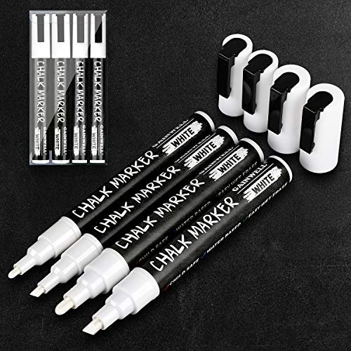 GAINWELL Marcadores de tiza líquida blanca Puntas de 3 y 6 mm - Para pizarra, pizarra blanca, Vidrio - Paquete de 4 - Lapicero borrador a base de agua