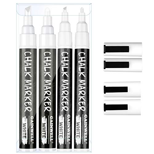 GAINWELL Marcadores de tiza líquida blanca Puntas de 3 y 6 mm - Para pizarra, pizarra blanca, Vidrio - Paquete de 4 - Lapicero borrador a base de agua