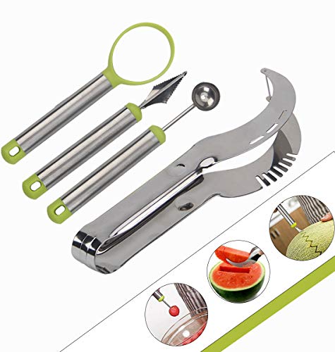 Gayisic 4 PCS Cortadora de sandía, Cortador de Sandía de Acero Inoxidable, Cortador de Fruta Corer, Cuchillo de Tallado de Frutas Herramientas de Verduras y Frutas de Seguridad Cortadora de Frutas