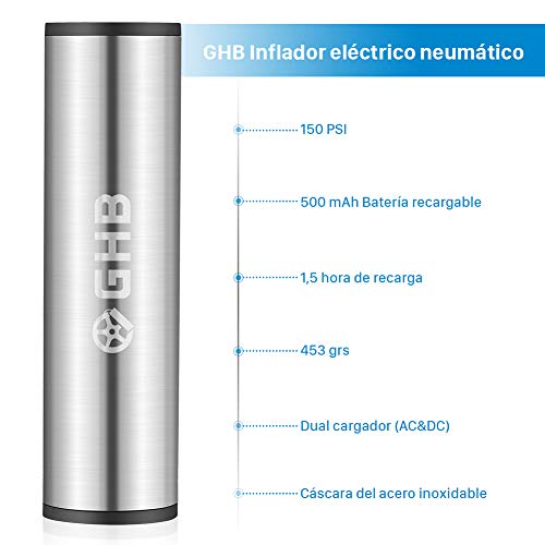 GHB Mini Compresor de Aire Inflador Eléctrico Bomba Eléctrica Portátil 150 PSI Recargable con Pantalla LCD - Color Plateado