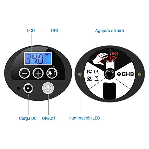 GHB Mini Compresor de Aire Inflador Eléctrico Bomba Eléctrica Portátil 150 PSI Recargable con Pantalla LCD - Color Plateado