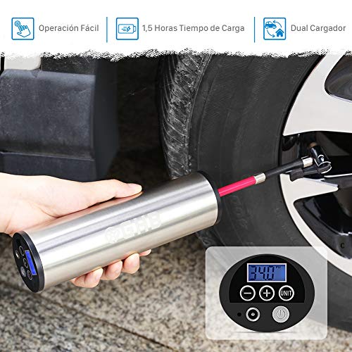 GHB Mini Compresor de Aire Inflador Eléctrico Bomba Eléctrica Portátil 150 PSI Recargable con Pantalla LCD - Color Plateado