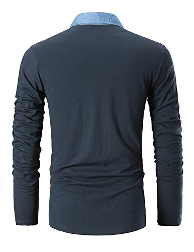 GHYUGR Polo para Hombre Mangas Largas Denim Costura Camisas Algod¨®n Slim Fit Camiseta Golf Poloshirt T-Shirt Oficina BOT¨®n Cuello,Azul Marino,M