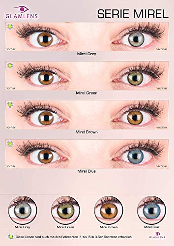 GLAMLENS lentillas de colores verdes Mirel Green + contenedor. 1 par (2 piezas) - 90 Días - Sin Graduación - 0.00 dioptrías - blandos - Lentes de contacto verde de hidrogel de silicona
