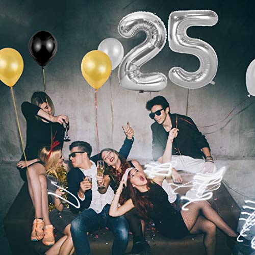 Globos 25 Cumpleaños, decoracion 25 años, Happy Birthday Bandera Feliz Cumpleaños 25 Años, Número 25 Globos de Papel Plata para Hombres y Mujeres Adultos Oro Negro Decoración de Fiesta