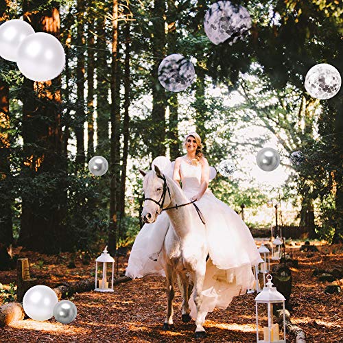 Globos Confeti de Plata Blanca, Paquete de 50 Globos de Fiesta de Cromo Metálico Plateado de 12 pulgadas con Cinta de Plata para Decoraciones de Baby Shower de Cumpleaños de Boda