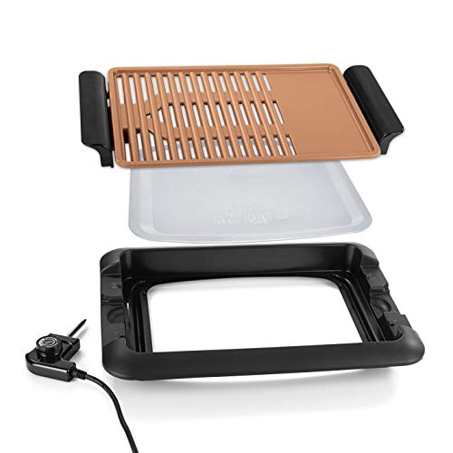 GOURMETmaxx Parrilla de mesa eléctrica, sin humo| Parrilla eléctrica con 2 superficies de asado para un resultado óptimo| Revestimiento cerámico antiadherente, en la terraza o en la mesa [1250 vatios]