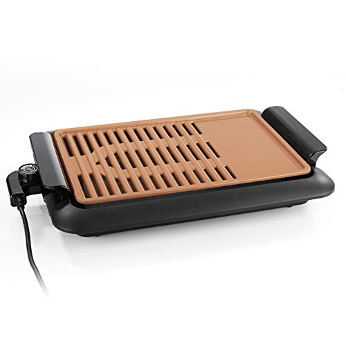 GOURMETmaxx Parrilla de mesa eléctrica, sin humo| Parrilla eléctrica con 2 superficies de asado para un resultado óptimo| Revestimiento cerámico antiadherente, en la terraza o en la mesa [1250 vatios]