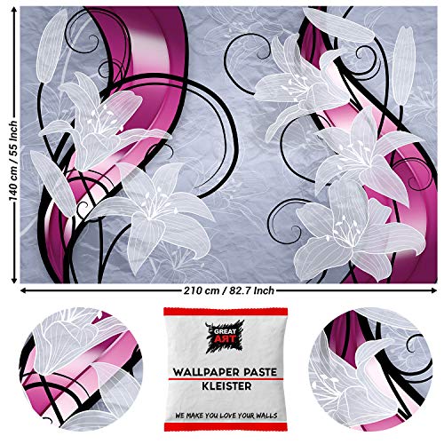 GREAT ART Papel Pintado Decoraciones de Pared Lirio Blanco - Floral Arte Mural Diseño Flores Imagen 210 x 140 cm - Papel Tapiz 5 piezas incluye pasta