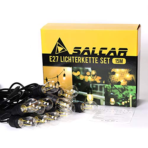 Guirnalda Luces Exterior 15m IP65 Impermeable Cadena de Luz iluminación, 15 LED Bombilla de Filamento E27 Guirnalda Luminosa para Jardín Boda Fiesta de Navidad