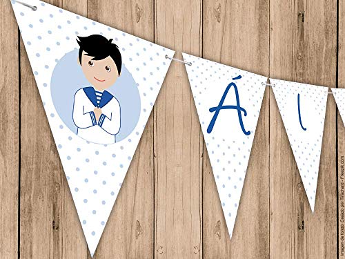 Guirnalda Mi Primera Comunión niño con traje marinero. Guirnalda decorativa. Banderines para fiestas.