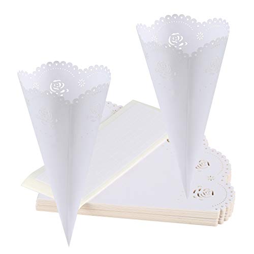 GWHOLE 100 piezas Conos Papel Arroz Boda Blanco, Diseño de Rosa Hueco, Cucuruchos Pétalos Confeti Decoración Boda con Cinta Adhesiva Doble