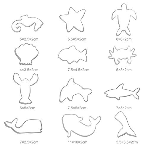 GWHOLE Juego de 12 Moldes para Galletas de Diseño Océano Sirena Tortuga Ballena Delfín Tiburón Cangrejo Estrella de Mar - Acero Inoxidable