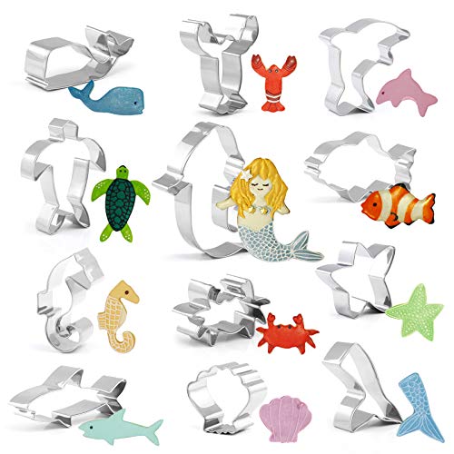 GWHOLE Juego de 12 Moldes para Galletas de Diseño Océano Sirena Tortuga Ballena Delfín Tiburón Cangrejo Estrella de Mar - Acero Inoxidable