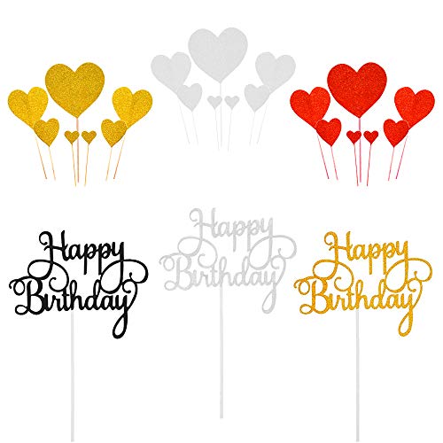 Gwolf Happy Birthday Cake Topper Love Heart Shape Cake Cupcake Insert Set 33 Pcs Fiesta de cumpleaños Cake Decoration Supplies Cake Topper