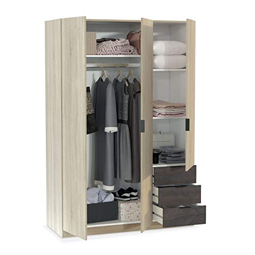 Habitdesign LC0323F - Armario ropero de Tres Puertas y Tres cajones, Medidas: 121 cm (Largo) x 180 cm (Alto) x 52 cm (Fondo) (Roble Canadian - Oxido)