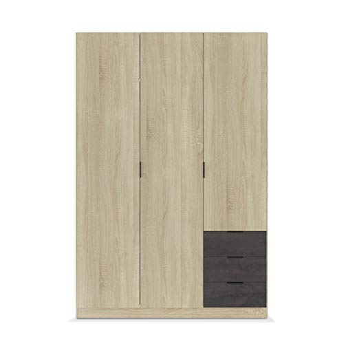 Habitdesign LC0323F - Armario ropero de Tres Puertas y Tres cajones, Medidas: 121 cm (Largo) x 180 cm (Alto) x 52 cm (Fondo) (Roble Canadian - Oxido)