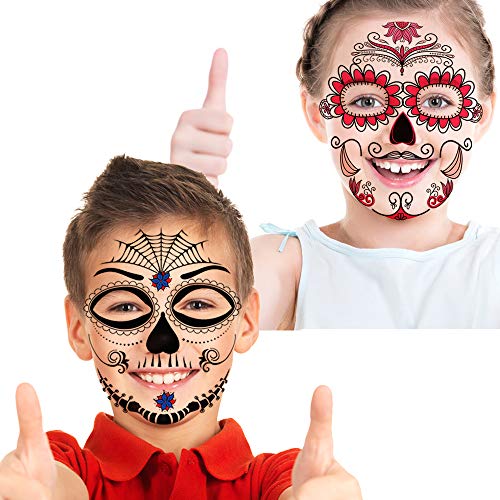 halloween tatuajes temporales de cara (8 hojas), halloween mascarada Día de los Muertos esqueleto cráneo cara completa tatuajes de maquillaje para mujeres Hombres adultos Niños Halloween Prop cosplay