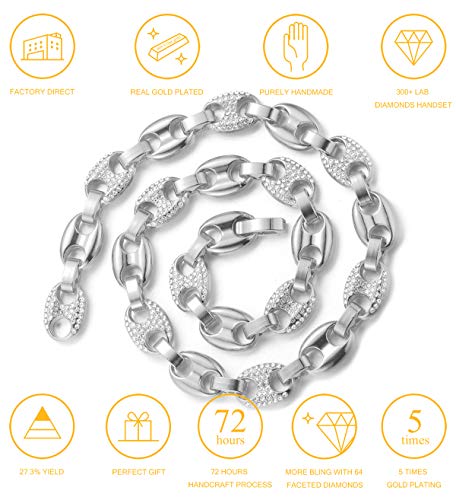 Halukakah Cadenas de Oro Hombre,Blanco Oro Plateado Gargantillas Collares,Plata,Miami Cadena de Granos de Café,90cm,con Caja
