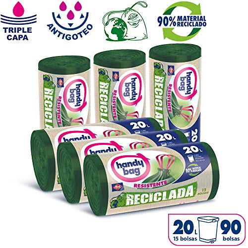 Handy Bag 20 L Basura 20L, 90% Reciclado, Extra Resistentes, 90 Bolsas, Plástico