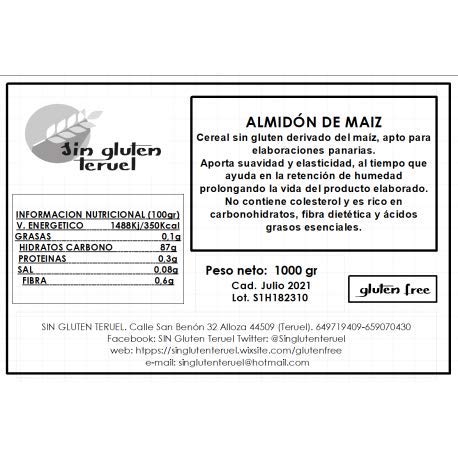 Harina de Almidón de Maiz 1kg - Sin Gluten Para Cocinar | Degusta Teruel