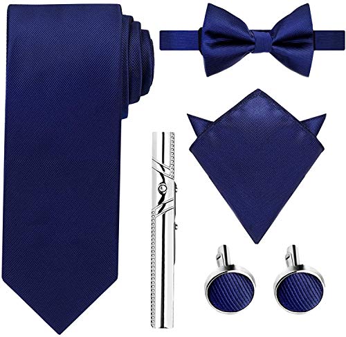 HBselect Conjuntos De Corbata y Pajarita, Pañuelo,Gemelos,Alfiler De Corbata Para Hombre (Azul Marino)
