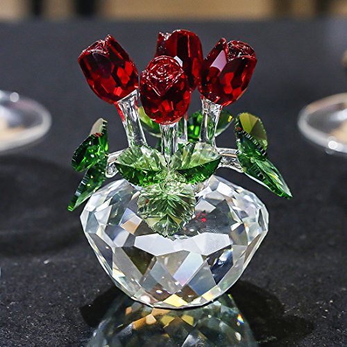 H&D - Figura decorativa de ramo de flores de cristal y rosa roja en caja de regalo