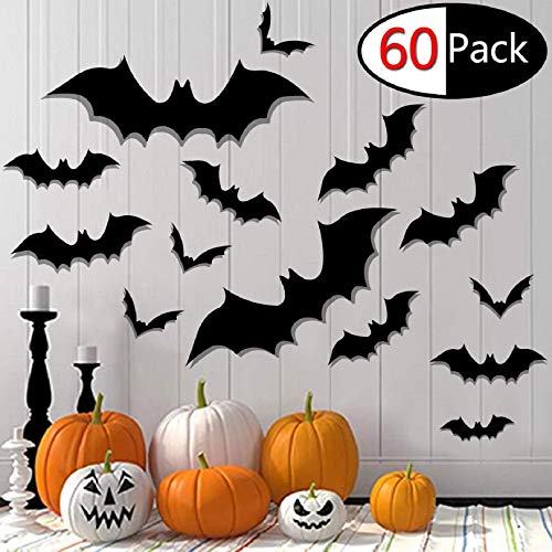 heekpek 60 Piezas Murciélago 3D Pegatina de Pares Murciélago Negro Adornos de Pared Fiesta de Halloween Decoración de Ventana Hogar