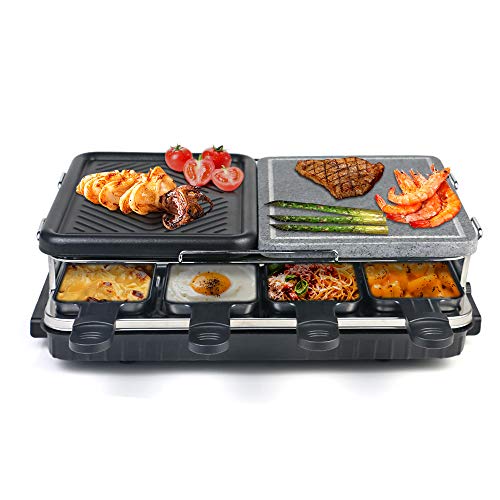 HengBO Raclette Grill con Piedra Natural y Placa Raclette 8 Personas 2-IN-1 Grill, Termostato Regulable, Antiadherente, Incluye 8 Mini-Sartenes y 4 Espátulas - 1300W, Negro