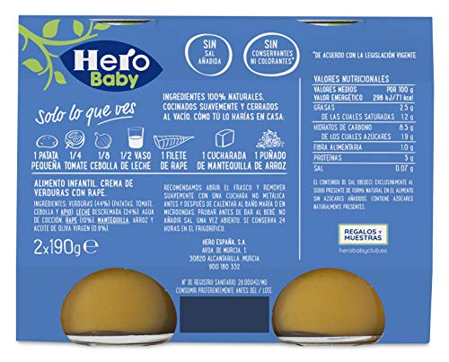 Hero Baby Buenas Noches Crema de Verduras con Rape Tarrito de Puré para Bebés a partir de 8 meses, 190 g