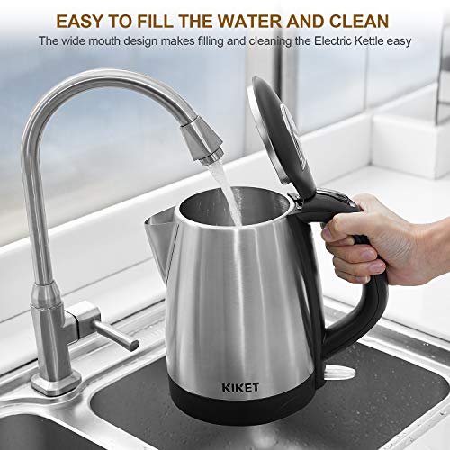 Hervidor de Agua Eléctrico, 1.7L KIKET Hervidor de agua de acero inoxidable pulido, 2200W Hervidor Rápido, Sistema de protección contra la ebullición en seco y Apagado Automático, Libre de BPA