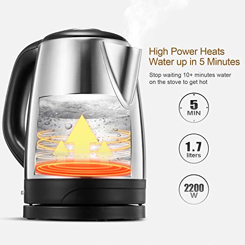 Hervidor de Agua Eléctrico, 1.7L KIKET Hervidor de agua de acero inoxidable pulido, 2200W Hervidor Rápido, Sistema de protección contra la ebullición en seco y Apagado Automático, Libre de BPA