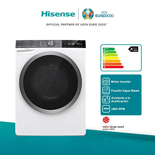 Hisense WFGS1016VM - Lavadora Superior con Vapor, Carga Frontal 10 Kg, 1600 RPM, Clase A+++(-20%) Motor Inverter, 14 Programas, Puerta Extra Grande, Color Blanco,Gran Display LED, Bloqueo Infantil