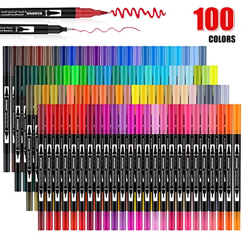 HOHUHU 100 Colores Con doble Rotuladores Punta Pincel,Ideal Para Libros Para Colorear Para Adultos, Manga, Comic, Caligrafía HO-100B