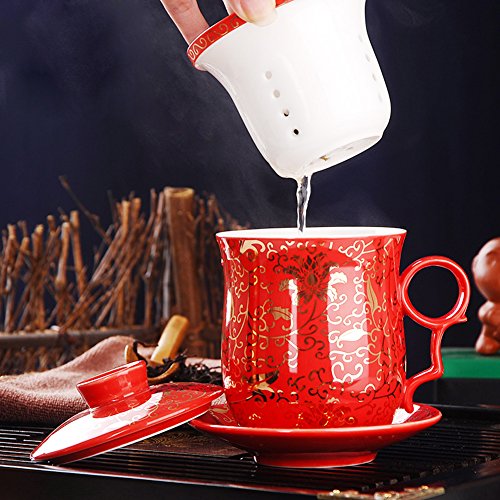 hollihi porcelana taza de té con tapa y platillo infusor Sets – chino Jingdezhen cerámica taza de café de té sistema de preparación de té para oficina en casa