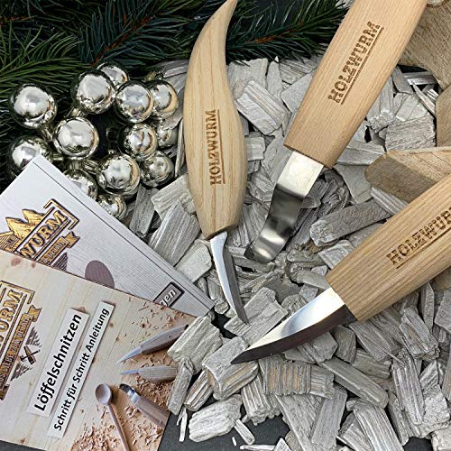 Holzwurm - Juego de cuchillos de tallar (madera, incluye funda, instrucciones y plantillas, ideal para tallar cuchara