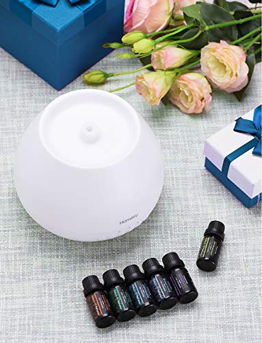 Homasy 500ml Difusor de Aromas, Set de 6 Aceites Esenciales, Luz Nocturna de 8 Colores con Ajuste de Temporizador, para Dormitorio, Sala de Estar, (Sin BPA), Blanco