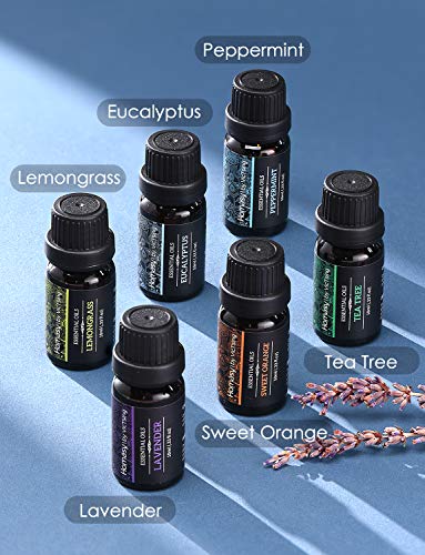 Homasy 500ml Difusor de Aromas, Set de 6 Aceites Esenciales, Luz Nocturna de 8 Colores con Ajuste de Temporizador, para Dormitorio, Sala de Estar, (Sin BPA), Blanco