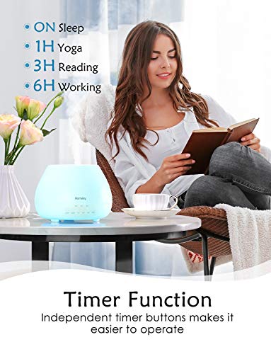 Homasy 500ml Difusor de Aromas, Set de 6 Aceites Esenciales, Luz Nocturna de 8 Colores con Ajuste de Temporizador, para Dormitorio, Sala de Estar, (Sin BPA), Blanco