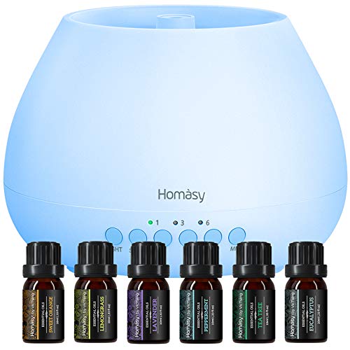 Homasy 500ml Difusor de Aromas, Set de 6 Aceites Esenciales, Luz Nocturna de 8 Colores con Ajuste de Temporizador, para Dormitorio, Sala de Estar, (Sin BPA), Blanco