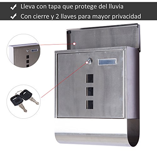 HOMCOM Buzón Exterior de Acero Inoxidable para Cartas Correo Postal con Rollo de Periódico Resistente al Agua con Cierre Montaje en Pared 30.5x9.6x33.5cm