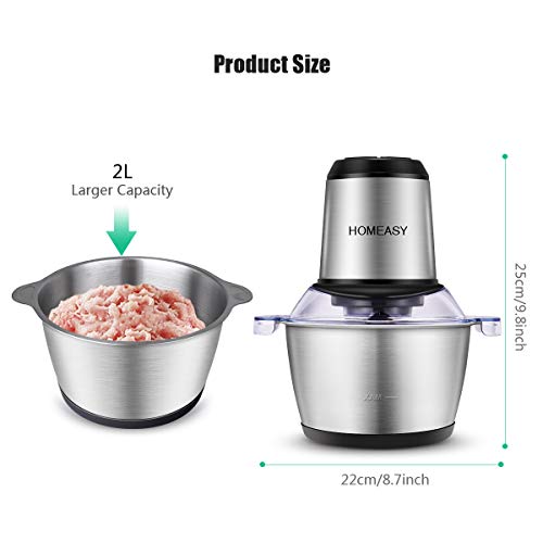 homeasy Picadora Eléctrica de Alimetos 350W, 2L Trituradora de Alimentos de Acero Inoxidable, Picadora Batidora Eléctrica de Cocina 4 Cuchillas, Picadora de Carne Verduras y Frutas