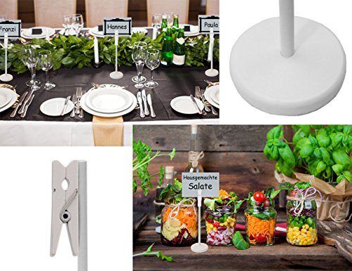 hometools. EU – 4 x mesa pizarra madera Clip con pinza y Stand de soporte | Buffet, Fiesta, Fiesta, Boda, Decoración, acabado vintage rústico, color blanco, Juego de 4