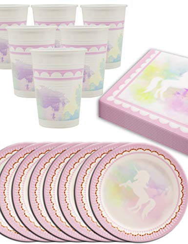 HomeTools.eu® – Juego de vajilla de fiesta de unicornio con mariposa, 8 personas, vasos, platos de papel, servilletas, 36 piezas