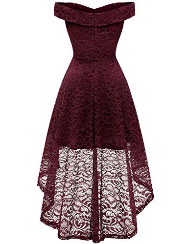 Homrain Vestido Cóctel Vintage A-línea Hi-Lo Elegante Encaje Fiesta Noche Vestido para Mujer Burgundy 3XL