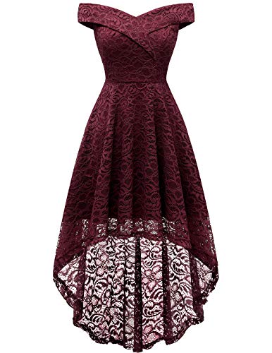 Homrain Vestido Cóctel Vintage A-línea Hi-Lo Elegante Encaje Fiesta Noche Vestido para Mujer Burgundy 3XL