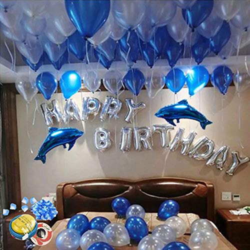 HOMTTEK Globos de látex 100x Azules y Blancos, Globos de Letras 2X delfín Azul y Globos de Palabra para Celebraciones románticas, para niñas, niños y Adultos