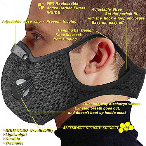 HONYAO Reusable Dust Face M Earloop Dust M, Sports Protective M with Activated Carbon Filter and Valves/for Motorcycle Cycling Running Outdoor Activities（1 Black + 8 Additional Filters）