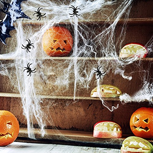 HOTSAN Decoraciones de Halloween de telaraña Estirable: telaraña de araña Espeluznante para Interiores con 25 arañas Falsas, telaraña de araña para Decoraciones de Fiesta de Halloween